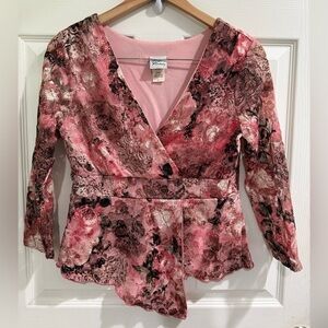 VTG Y2K Wrap Style Top Pink Black Lace Floral Asymmetrical Fairy